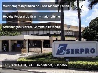 Maior empresa pública de TI da América Latina


Receita Federal do Brasil – maior cliente


Arrecadação Federal, Comércio Exterior




IRPF, SINPA, ITR, SIAFI, Receitanet, Siscomex
                                 
 