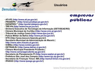 ➢ ATI-PE (http://www.ati.pe.gov.br)
➢ PRODEPA * (http://www.prodepa.pa.gov.br/)
➢ DATAPREV * (http://portal.dataprev.gov.br/)
➢ TRE-PA (http://www.tre-pa.jus.br/)
➢ Diretoria Executiva de Tecnologia da Informação (DETI/SEAE/RO)
➢ Câmara Municipal de Curitiba (http://www.cmc.pr.gov.br/)
➢ Tribunal de Justiça Ceará (http://www.tjce.jus.br)
➢ Policia Militar da Bahia (http://www.pm.ba.gov.br/)
➢ STN (http://www.tesouro.fazenda.gov.br/)
➢ Secretaria Municipal de Administração de Maceió (
http://www.adm.maceio.al.gov.br)
➢ ICMBio (http://www.icmbio.gov.br)
➢ DETRAN-RJ (http://www.detran.rj.gov.br/)
➢ Câmara Municipal Presidente Prudente (
http://www.camarapprudente.sp.gov.br/)
➢ Secretaria de Planejamento PI (http://www.seplan.pi.gov.br/)
➢ Prefeitura São José dos Campos (http://www.sjc.sp.gov.br/)
➢ Secretaria de Finanças Timon- MA (http://semuf.timon.ma.gov.br/)
➢ IPASGO (http://www.ipasgo.go.gov.br/)
Usuários
www.frameworkdemoiselle.gov.br
 