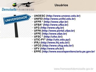 Comunidade Demoiselle:
Projeto aberto e colaborativo de desenvolvimento.
➢ UNOESC (http://www.unoesc.edu.br)
➢ UNIFEI (http://www.unifei.edu.br)
➢ UFPR * (http://www.ufpr.br)
➢ UFBA* (http://www.ufba.br)
➢ UFG (http://www.ufg.br)
➢ UFPA (http://www.portal.ufpa.br)
➢ UFPE (http://www.ufpe.br)
➢ UFSC * (http://ufsc.br/)
➢ UTIC-PY* (http://utic.edu.py/)
➢ IFRJ (http://www.ifrj.edu.br/)
➢ UFCG (http://www.ufcg.edu.br/)
➢ UFV (http://www.ufv.br/)
➢ EPPE (http://www.escolapenitenciaria.pe.gov.br/
Usuários
www.frameworkdemoiselle.gov.br
 