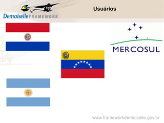 Comunidade Demoiselle:
Projeto aberto e colaborativo de desenvolvimento.
Usuários
www.frameworkdemoiselle.gov.br
 