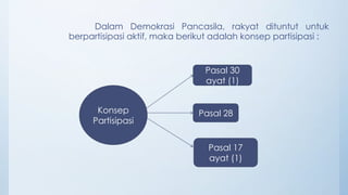 Dalam Demokrasi Pancasila, rakyat dituntut untuk
berpartisipasi aktif, maka berikut adalah konsep partisipasi :
Konsep
Partisipasi
Pasal 17
ayat (1)
Pasal 28
Pasal 30
ayat (1)
 