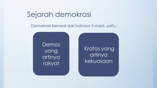 Sejarah demokrasi
Demokrasi berasal dari bahasa Yunani, yaitu :
Demos
yang
artinya
rakyat
Kratos yang
artinya
kekuasaan
 