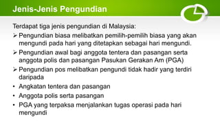 Jenis-Jenis Pengundian
Terdapat tiga jenis pengundian di Malaysia:
 Pengundian biasa melibatkan pemilih-pemilih biasa yang akan
mengundi pada hari yang ditetapkan sebagai hari mengundi.
 Pengundian awal bagi anggota tentera dan pasangan serta
anggota polis dan pasangan Pasukan Gerakan Am (PGA)
 Pengundian pos melibatkan pengundi tidak hadir yang terdiri
daripada
• Angkatan tentera dan pasangan
• Anggota polis serta pasangan
• PGA yang terpaksa menjalankan tugas operasi pada hari
mengundi
 