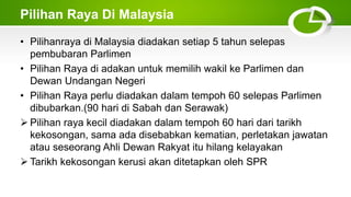 Pilihan Raya Di Malaysia
• Pilihanraya di Malaysia diadakan setiap 5 tahun selepas
pembubaran Parlimen
• Pilihan Raya di adakan untuk memilih wakil ke Parlimen dan
Dewan Undangan Negeri
• Pilihan Raya perlu diadakan dalam tempoh 60 selepas Parlimen
dibubarkan.(90 hari di Sabah dan Serawak)
 Pilihan raya kecil diadakan dalam tempoh 60 hari dari tarikh
kekosongan, sama ada disebabkan kematian, perletakan jawatan
atau seseorang Ahli Dewan Rakyat itu hilang kelayakan
 Tarikh kekosongan kerusi akan ditetapkan oleh SPR
 
