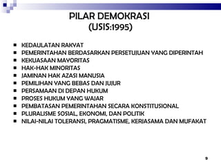 PILAR DEMOKRASI  (USIS:1995) KEDAULATAN RAKYAT PEMERINTAHAN BERDASARKAN PERSETUJUAN YANG DIPERINTAH KEKUASAAN MAYORITAS HAK-HAK MINORITAS JAMINAN HAK AZASI MANUSIA PEMILIHAN YANG BEBAS DAN JUJUR PERSAMAAN DI DEPAN HUKUM PROSES HUKUM YANG WAJAR PEMBATASAN PEMERINTAHAN SECARA KONSTITUSIONAL PLURALISME SOSIAL, EKONOMI, DAN POLITIK NILAI-NILAI TOLERANSI, PRAGMATISME, KERJASAMA DAN MUFAKAT  