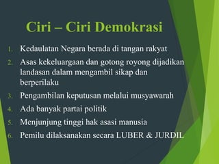 Ciri – Ciri Demokrasi
1. Kedaulatan Negara berada di tangan rakyat
2. Asas kekeluargaan dan gotong royong dijadikan
landasan dalam mengambil sikap dan
berperilaku
3. Pengambilan keputusan melalui musyawarah
4. Ada banyak partai politik
5. Menjunjung tinggi hak asasi manusia
6. Pemilu dilaksanakan secara LUBER & JURDIL
 