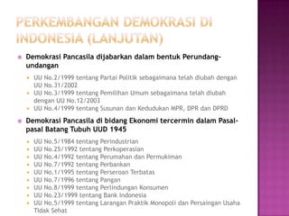    Demokrasi Pancasila dijabarkan dalam bentuk Perundang-
    undangan
     UU No.2/1999 tentang Partai Politik sebagaimana telah diubah dengan
      UU No.31/2002
     UU No.3/1999 tentang Pemilihan Umum sebagaimana telah diubah
      dengan UU No.12/2003
     UU No.4/1999 tentang Susunan dan Kedudukan MPR, DPR dan DPRD

   Demokrasi Pancasila di bidang Ekonomi tercermin dalam Pasal-
    pasal Batang Tubuh UUD 1945
       UU No.5/1984 tentang Perindustrian
       UU No.25/1992 tentang Perkoperasian
       UU No.4/1992 tentang Perumahan dan Permukiman
       UU No.7/1992 tentang Perbankan
       UU No.1/1995 tentang Perseroan Terbatas
       UU No.7/1996 tentang Pangan
       UU No.8/1999 tentang Perlindungan Konsumen
       UU No.23/1999 tentang Bank Indonesia
       UU No.5/1999 tentang Larangan Praktik Monopoli dan Persaingan Usaha
        Tidak Sehat
 