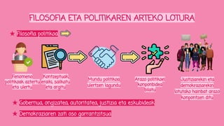FILOSOFIA ETA POLITIKAREN ARTEKO LOTURA
★ Filosofia politikoa
Fenomeno
politikoak aztertu
eta ulertu
Kontzeptuak
eraiki, sailkatu
eta argitu
Mundu politikoa
ulertzen lagundu
Arazo politikoei
konponbidea
bilatu
Justiziarekin eta
demokraziarekin
lotutako hainbat arazo
konpontzen ditu
★ Gobernua, ongizatea, autoritatea, justizia eta eskubideak
★ Demokraziaren zati oso garrantzitsua
 