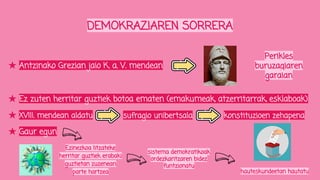 DEMOKRAZIAREN SORRERA
★ Antzinako Grezian jaio K. a. V. mendean
★ Ez zuten herritar guztiek botoa ematen (emakumeak, atzerritarrak, esklaboak)
★ XVIII. mendean aldatu
★ Gaur egun
Perikles
buruzagiaren
garaian
sufragio unibertsala konstituzioen zehapena
Ezinezkoa litzateke
herritar guztiek erabaki
guztietan zuzenean
parte hartzea
sistema demokratikoak
ordezkaritzaren bidez
funtzionatu
hauteskundeetan hautatu
 