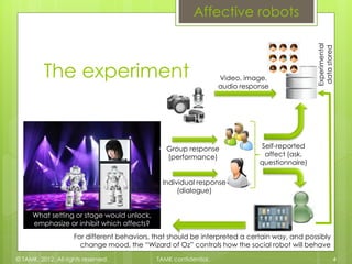 Affective robots




                                                                                               Experimental
                                                                                                data stored
          The experiment                                           Video, image,
                                                                   audio response




                                                 Group response               Self-reported
                                                 (performance)                 affect (ask,
                                                                              questionnaire)

                                                Individual response
                                                     (dialogue)


      What setting or stage would unlock,
      emphasize or inhibit which affects?
                     For different behaviors, that should be interpreted a certain way, and possibly
                       change mood, the “Wizard of Oz” controls how the social robot will behave

© TAMK, 2012. All rights reserved.            TAMK confidential.                                          4
 