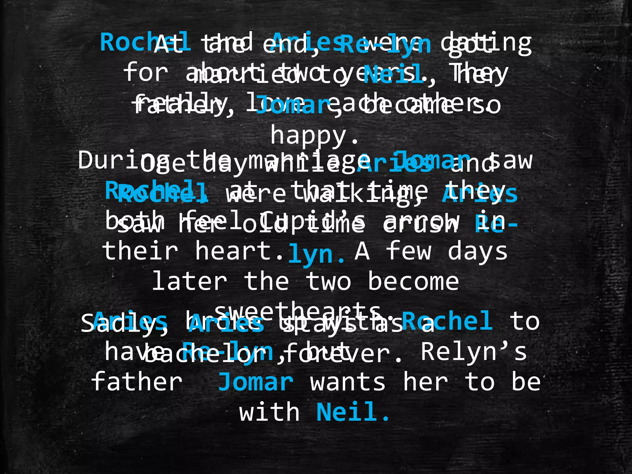 Rochel the end, Re-lyn dating
At and Aries were got
for about two years. They
married to Neil, her
really Jomar, became so
father, love each other.
happy.
During the marriage Jomar saw
One day while Aries and
Rochel, were that time Aries
Rochel at
walking, they
both her old time crush Resaw feel Cupid’s arrow in
their heart.lyn. A few days
later the two become
sweethearts.
Aries Aries stays as a
Sadly, broke up with Rochel to
have Re-lyn, but
bachelor forever. Relyn’s
father Jomar wants her to be
with Neil.

 