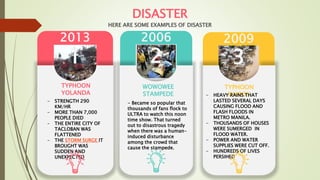 DISASTER
HERE ARE SOME EXAMPLES OF DISASTER
2009
3
2006
2
2013
1
TYPHOON
YOLANDA
- STRENGTH 290
KM/HR
- MORE THAN 7,000
PEOPLE DIED
- THE ENTIRE CITY OF
TACLOBAN WAS
FLATTENED
- THE STORM SURGE IT
BROUGHT WAS
SUDDEN AND
UNEXPECTED
WOWOWEE
STAMPEDE
- Became so popular that
thousands of fans flock to
ULTRA to watch this noon
time show. That turned
out to disastrous tragedy
when there was a human-
induced disturbance
among the crowd that
cause the stampede.
TYPHOON
ONDOY
- HEAVY RAINS THAT
LASTED SEVERAL DAYS
CAUSING FLOOD AND
FLASH FLOODS IN
METRO MANILA.
- THOUSANDS OF HOUSES
WERE SUMERGED IN
FLOOD WATER.
- POWER AND WATER
SUPPLIES WERE CUT OFF.
- HUNDREDS OF LIVES
PERSIHED
 