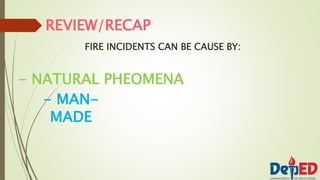 REVIEW/RECAP
FIRE INCIDENTS CAN BE CAUSE BY:
- NATURAL PHEOMENA
- MAN-
MADE
 