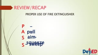 REVIEW/RECAP
PROPER USE OF FIRE EXTINGUISHER
P -
pull
A
S
S
-
aim
-
squeeze
- sweep
 