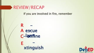 REVIEW/RECAP
If you are involved in fire, remember
R -
escue
A
C
E
-
larm
- onfine
-
xtinguish
 