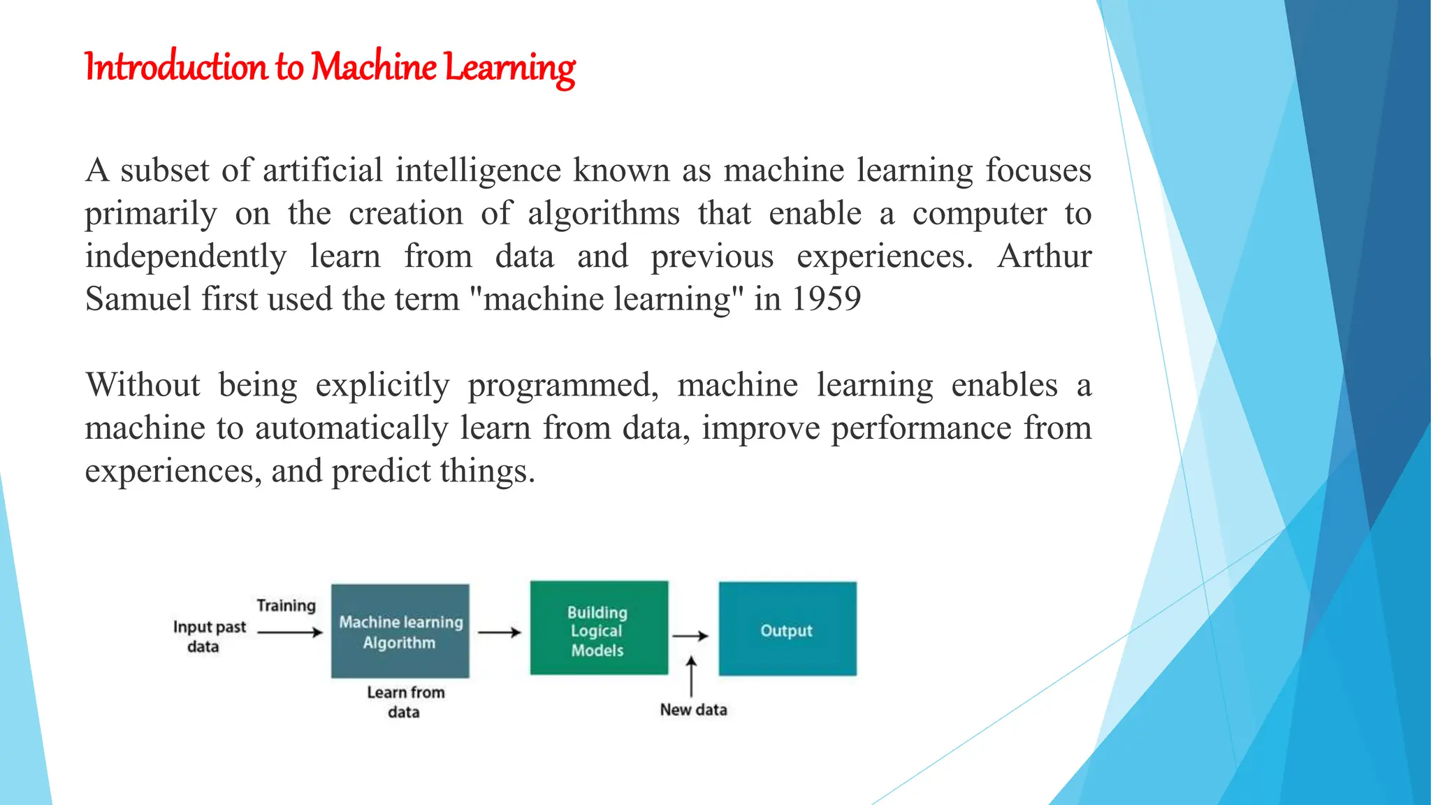 Introduction to Machine Learning
A subset of artificial intelligence known as machine learning focuses
primarily on the creation of algorithms that enable a computer to
independently learn from data and previous experiences. Arthur
Samuel first used the term "machine learning" in 1959
Without being explicitly programmed, machine learning enables a
machine to automatically learn from data, improve performance from
experiences, and predict things.
 