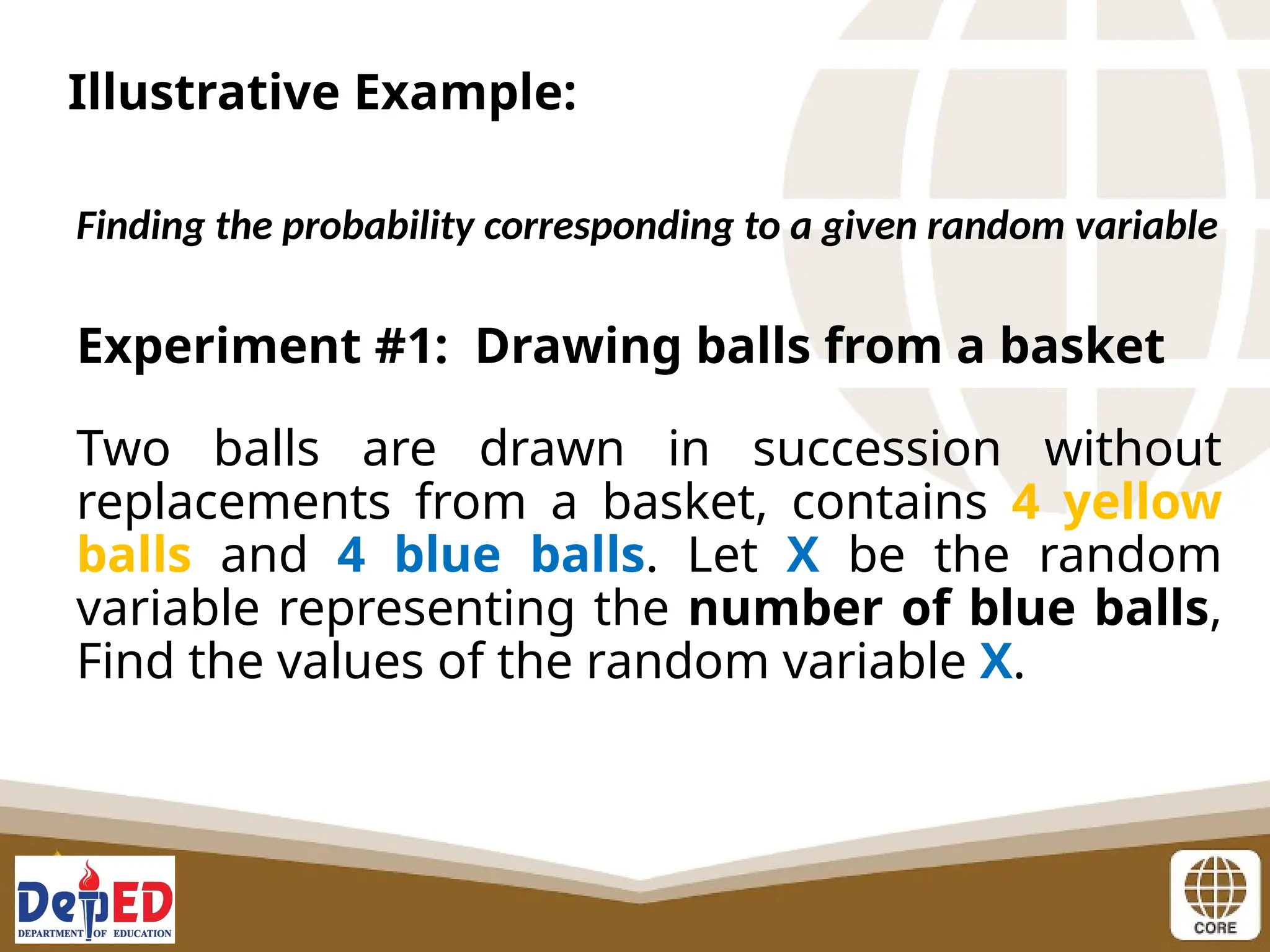 Illustrative Example:
Finding the probability corresponding to a given random variable
Experiment #1: Drawing balls from a basket
Two balls are drawn in succession without
replacements from a basket, contains 4 yellow
balls and 4 blue balls. Let X be the random
variable representing the number of blue balls,
Find the values of the random variable X.
 