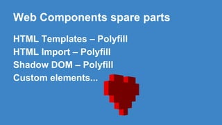 Web Components spare parts
HTML Templates – Polyfill
HTML Import – Polyfill
Shadow DOM – Polyfill
Custom elements...
 