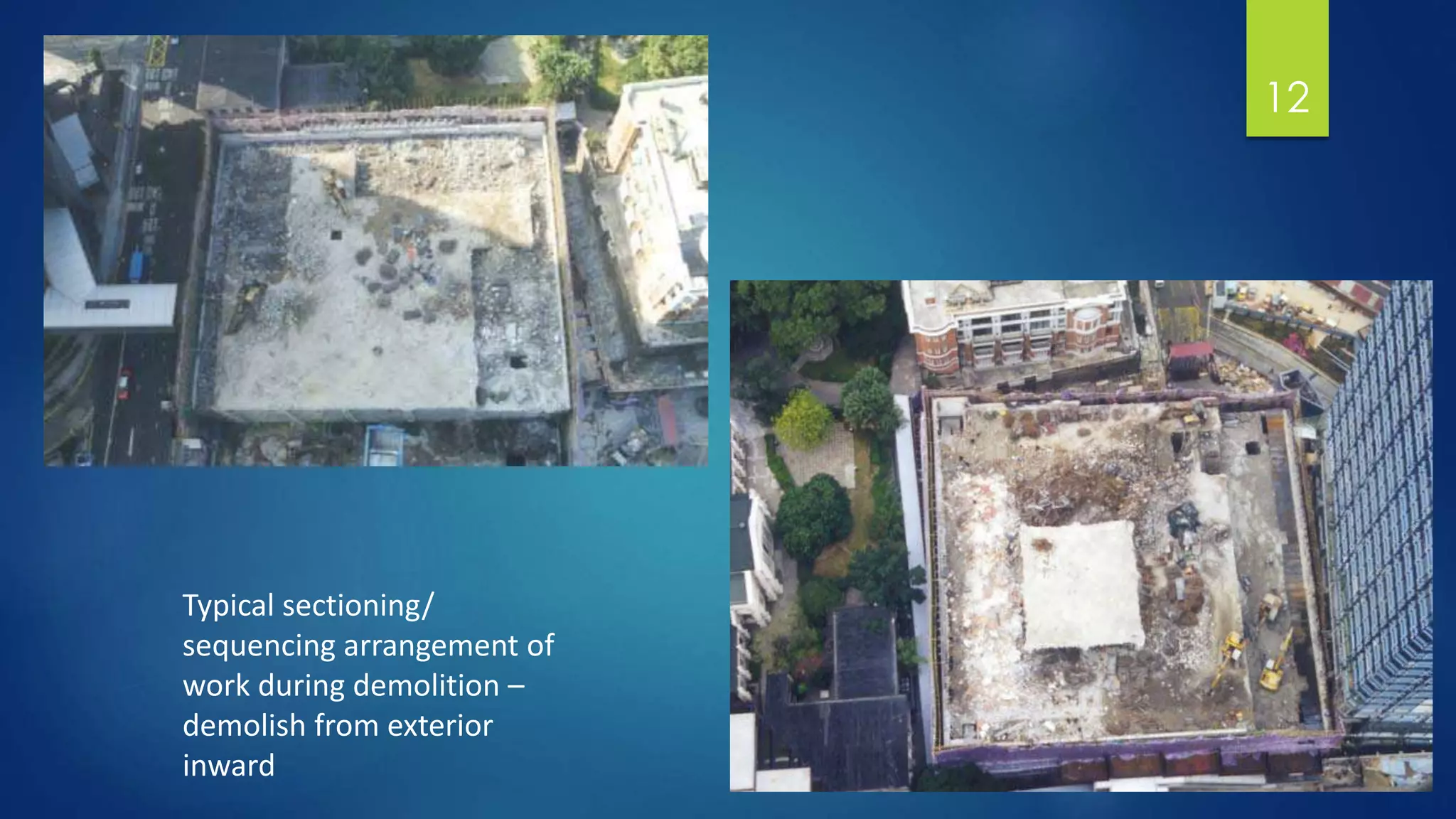 12
Typical sectioning/
sequencing arrangement of
work during demolition –
demolish from exterior
inward
 
