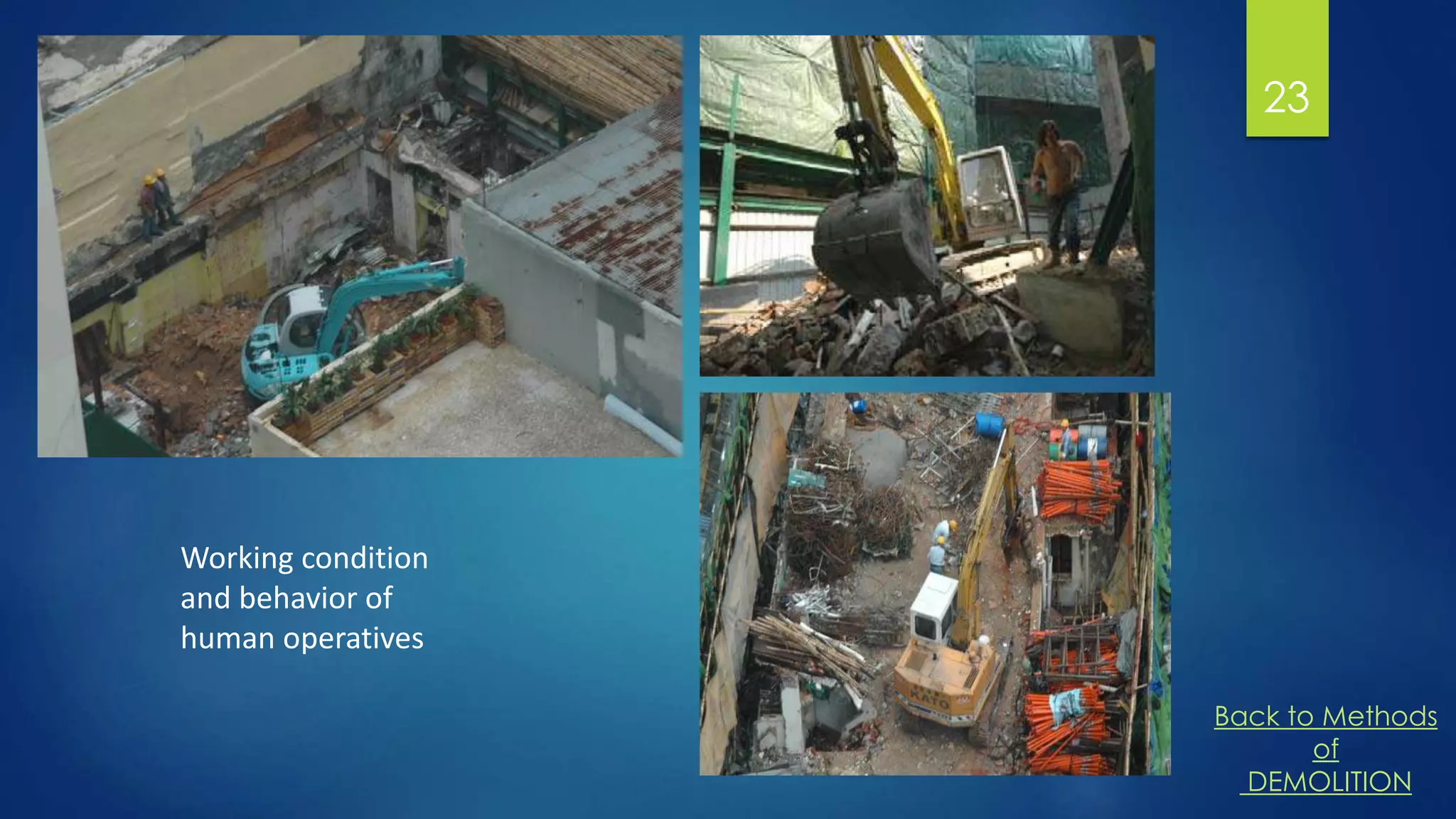 23
Working condition
and behavior of
human operatives
Back to Methods
of
DEMOLITION
 