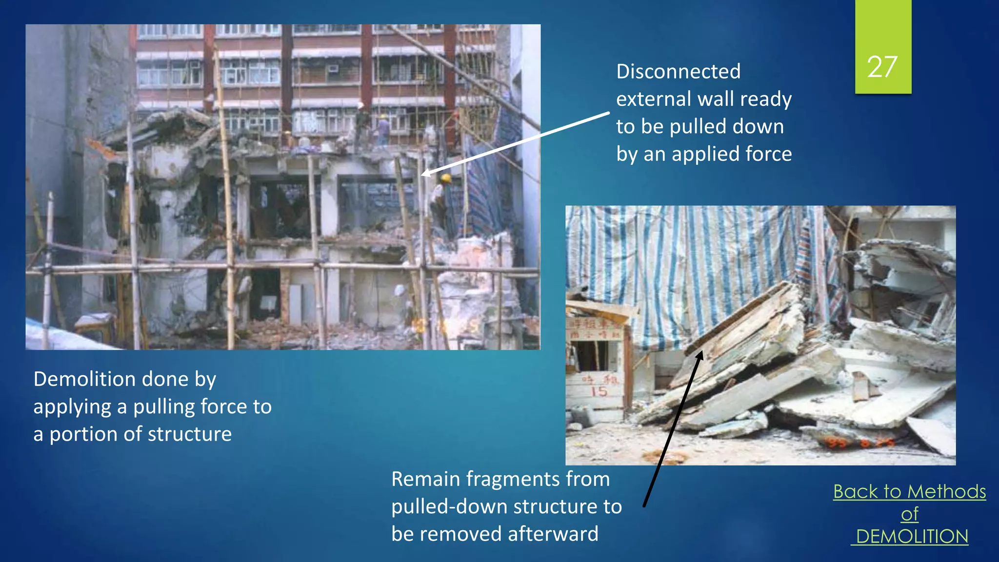 27Disconnected
external wall ready
to be pulled down
by an applied force
Remain fragments from
pulled-down structure to
be removed afterward
Demolition done by
applying a pulling force to
a portion of structure
Back to Methods
of
DEMOLITION
 