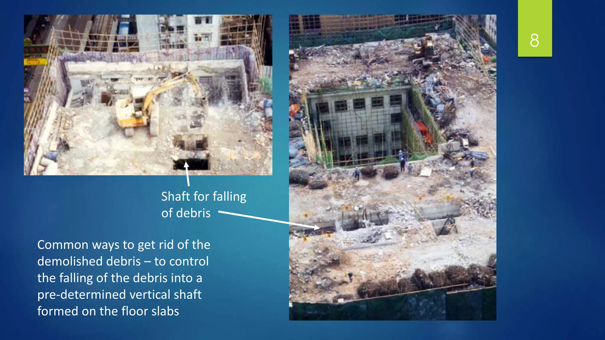 8
Shaft for falling
of debris
Common ways to get rid of the
demolished debris – to control
the falling of the debris into a
pre-determined vertical shaft
formed on the floor slabs
 