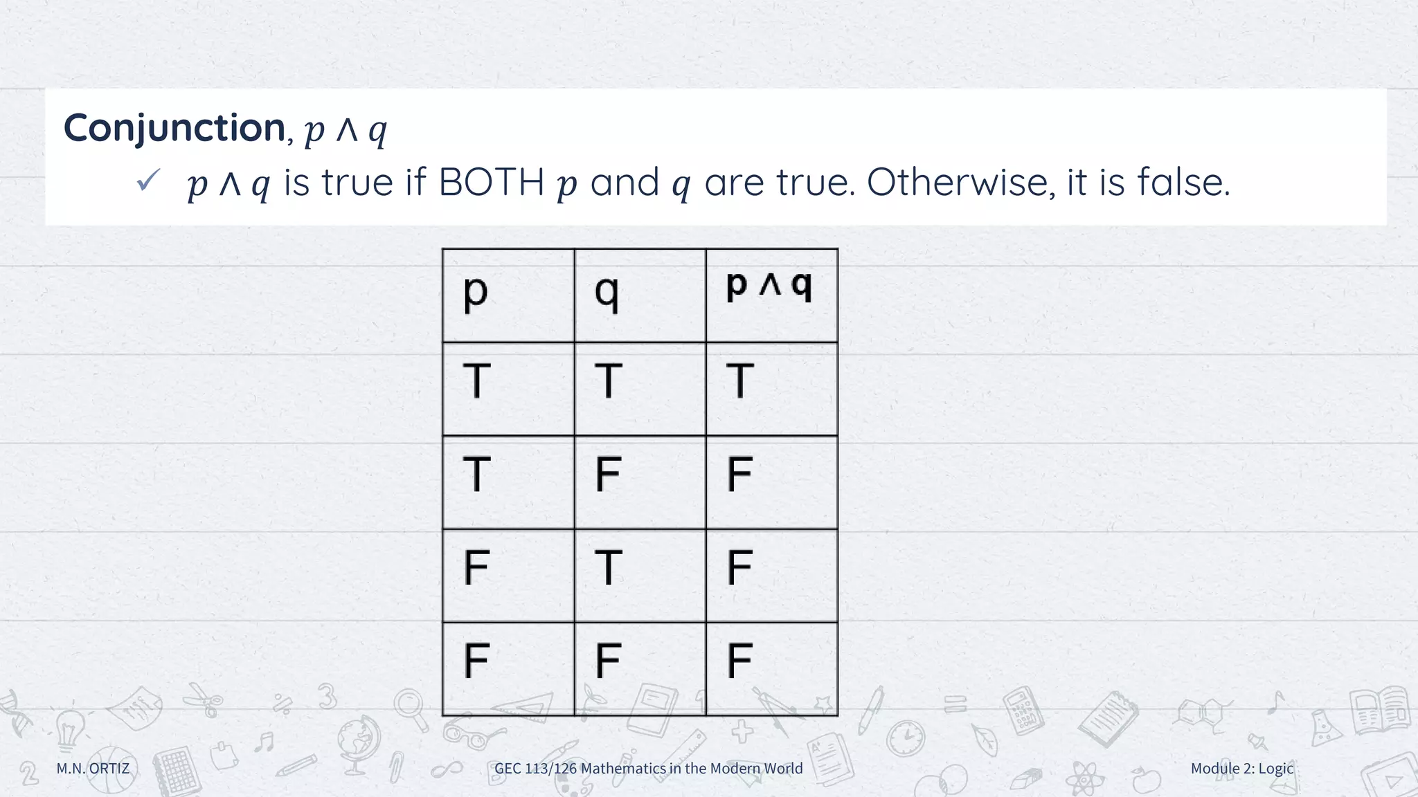 Conjunction, 𝑝 ∧ 𝑞
 𝑝 ∧ 𝑞 is true if BOTH 𝑝 and 𝑞 are true. Otherwise, it is false.
M.N. ORTIZ GEC 113/126 Mathematics in the Modern World Module 2: Logic
 