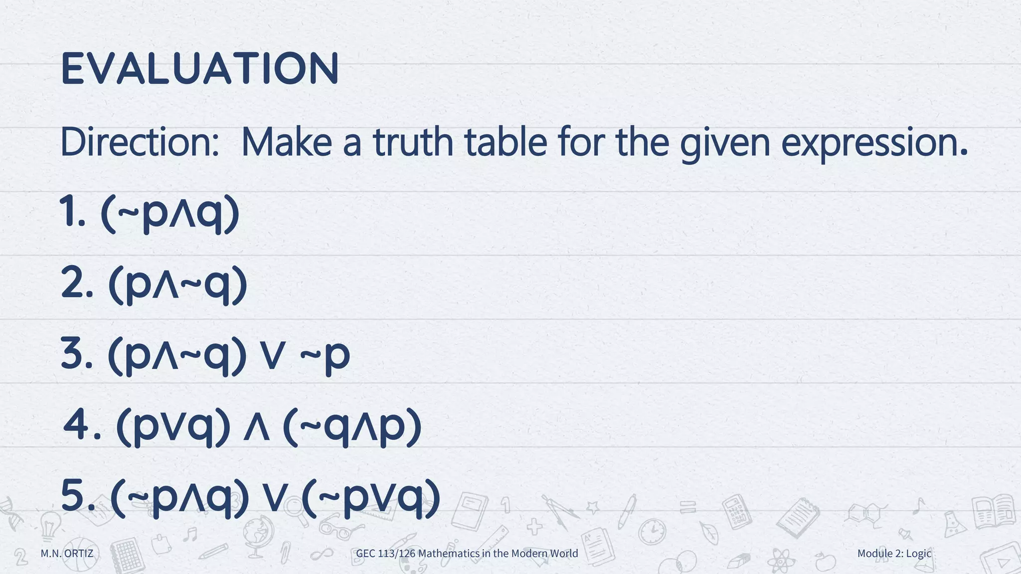 EVALUATION
Direction: Make a truth table for the given expression.
1. (~p∧q)
2. (p∧~q)
3. (p∧~q) ∨ ~p
4. (p∨q) ∧ (~q∧p)
5. (~p∧q) ∨ (~p∨q)
M.N. ORTIZ GEC 113/126 Mathematics in the Modern World Module 2: Logic
 
