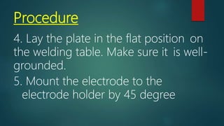 Procedure
4. Lay the plate in the flat position on
the welding table. Make sure it is well-
grounded.
5. Mount the electrode to the
electrode holder by 45 degree
 