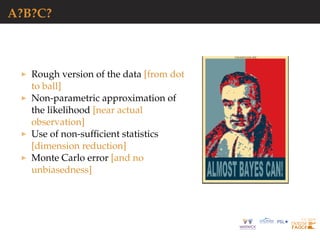 A?B?C?
Rough version of the data [from dot
to ball]
Non-parametric approximation of
the likelihood [near actual
observation]
Use of non-sufﬁcient statistics
[dimension reduction]
Monte Carlo error [and no
unbiasedness]
 