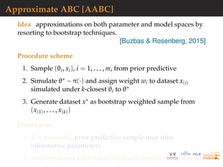 Approximate ABC [AABC]
Idea approximations on both parameter and model spaces by
resorting to bootstrap techniques.
[Buzbas & Rosenberg, 2015]
Procedure scheme
1. Sample (θi, xi), i = 1, . . . , m, from prior predictive
2. Simulate θ∗ ∼ π(·) and assign weight wi to dataset x(i)
simulated under k-closest θi to θ∗
3. Generate dataset x∗ as bootstrap weighted sample from
(x(1), . . . , x(k))
Drawbacks
If m too small, prior predictive sample may miss
informative parameters
large error and misleading representation of true posterior
 
