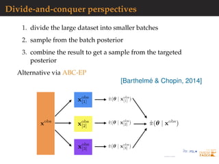 Divide-and-conquer perspectives
1. divide the large dataset into smaller batches
2. sample from the batch posterior
3. combine the result to get a sample from the targeted
posterior
Alternative via ABC-EP
[Barthelm´e & Chopin, 2014]
 