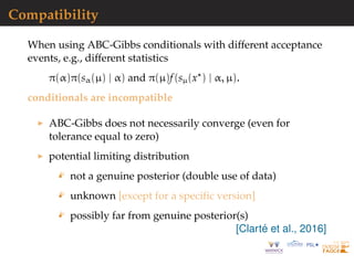 Compatibility
When using ABC-Gibbs conditionals with different acceptance
events, e.g., different statistics
π(α)π(sα(µ) | α) and π(µ)f(sµ(x ) | α, µ).
conditionals are incompatible
ABC-Gibbs does not necessarily converge (even for
tolerance equal to zero)
potential limiting distribution
not a genuine posterior (double use of data)
unknown [except for a speciﬁc version]
possibly far from genuine posterior(s)
[Clart´e et al., 2016]
 