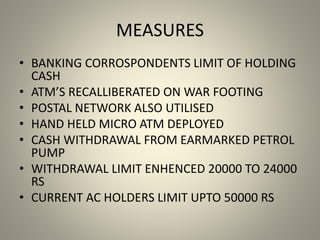 MEASURES
• BANKING CORROSPONDENTS LIMIT OF HOLDING
CASH
• ATM’S RECALLIBERATED ON WAR FOOTING
• POSTAL NETWORK ALSO UTILISED
• HAND HELD MICRO ATM DEPLOYED
• CASH WITHDRAWAL FROM EARMARKED PETROL
PUMP
• WITHDRAWAL LIMIT ENHENCED 20000 TO 24000
RS
• CURRENT AC HOLDERS LIMIT UPTO 50000 RS
 