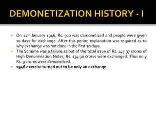  On 12th January 1946, Rs. 500 was demonetized and people were given
10 days for exchange. After this period explanation was required as to
why exchange was not done in the first 10 days.
 The Scheme was a failure as out of the total issue of Rs. 143.97 crores of
High Denomination Notes, Rs. 134.90 crores were exchanged. Thus only
Rs. 9 crores were demonetized.
 1946 exercise turned out to be only an exchange.
 