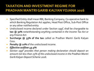  Specified Entity shall mean RBI, Banking Company, Co-operative bank to
which Banking Regulation Act applies, Head Post Office, Sub-Post Office
or any other notified entity
 Undisclosed income declared under Section 199C shall be chargeable to
tax @ 30% notwithstanding anything contained in the Income Tax Act or
any Finance Act.
 Surcharge @ 33% of the tax called as Pradhan Mantri Garib Kalyan
Cess.
 Penalty @ 10% of the undisclosed income.
 Effective outflow 49.9%
 Section 199F provides that person making declaration should deposit an
amount not less than 25% of the undisclosed income in the Pradhan Mantri
Garib Kalyan Deposit Scheme 2016.
 