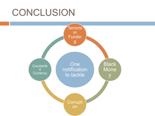 CONCLUSION
One
notification
to tackle
Terroris
m
Fundin
g
Black
Mone
y
Corrupti
on
Counterfe
it
Currency
 