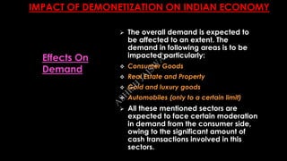 IMPACT OF DEMONETIZATION ON INDIAN ECONOMY
 The overall demand is expected to
be affected to an extent. The
demand in following areas is to be
impacted particularly:
 Consumer Goods
 Real Estate and Property
 Gold and luxury goods
 Automobiles (only to a certain limit)
 All these mentioned sectors are
expected to face certain moderation
in demand from the consumer side,
owing to the significant amount of
cash transactions involved in this
sectors.
Effects On
Demand
A
SH
ISH
JA
ISW
A
L
 