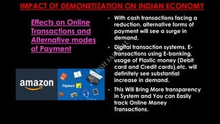IMPACT OF DEMONETIZATION ON INDIAN ECONOMY
• With cash transactions facing a
reduction, alternative forms of
payment will see a surge in
demand.
• Digital transaction systems, E-
transactions using E-banking,
usage of Plastic money (Debit
card and Credit cards),etc. will
definitely see substantial
increase in demand.
• This Will Bring More transparency
in System and You can Easily
track Online Money
Transactions.
Effects on Online
Transactions and
Alternative modes
of Payment
A
SH
ISH
JA
ISW
A
L
 
