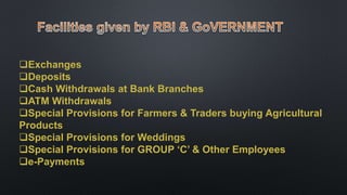 Exchanges
Deposits
Cash Withdrawals at Bank Branches
ATM Withdrawals
Special Provisions for Farmers & Traders buying Agricultural
Products
Special Provisions for Weddings
Special Provisions for GROUP ‘C’ & Other Employees
e-Payments
 