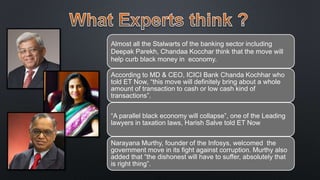 Almost all the Stalwarts of the banking sector including
Deepak Parekh, Chandaa Kocchar think that the move will
help curb black money in economy.
According to MD & CEO, ICICI Bank Chanda Kochhar who
told ET Now, “this move will definitely bring about a whole
amount of transaction to cash or low cash kind of
transactions”.
“A parallel black economy will collapse”, one of the Leading
lawyers in taxation laws, Harish Salve told ET Now
Narayana Murthy, founder of the Infosys, welcomed the
government move in its fight against corruption. Murthy also
added that “the dishonest will have to suffer, absolutely that
is right thing”.
 