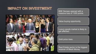 BSE Sensex opened with a
massive loss of 1300 points.
Value buying opportunity.
Luxury goods market is likely to
get affected .
Gold price rises.
Real Estate sector is the biggest
receiver of Black Money.
 