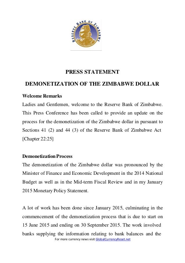 Demonetization Of Zimbabwe Dollar To Usd Reserve Bank Of Zimbabwe P