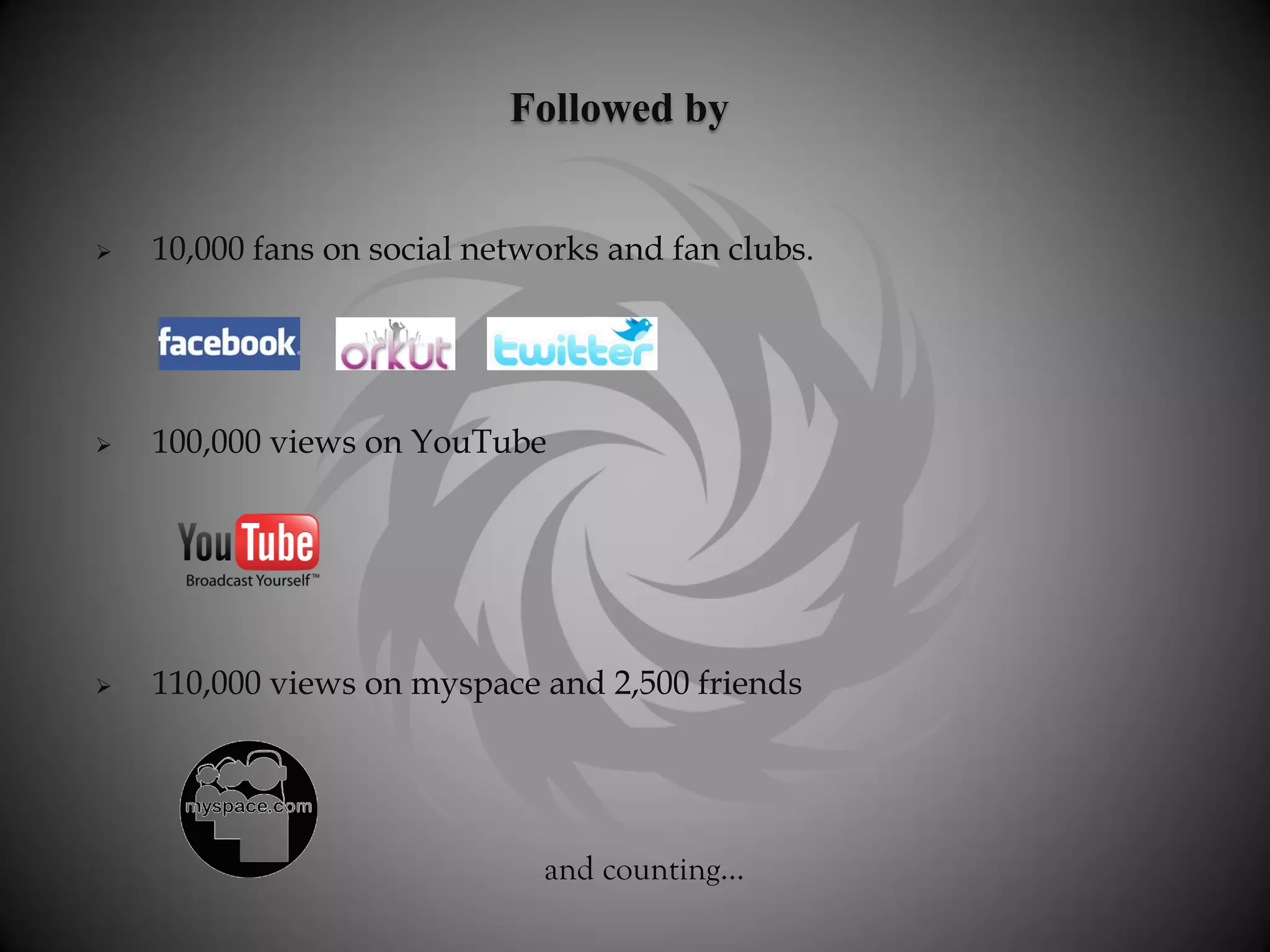 Followed by


   10,000 fans on social networks and fan clubs.




   100,000 views on YouTube




   110,000 views on myspace and 2,500 friends




                              and counting…
 