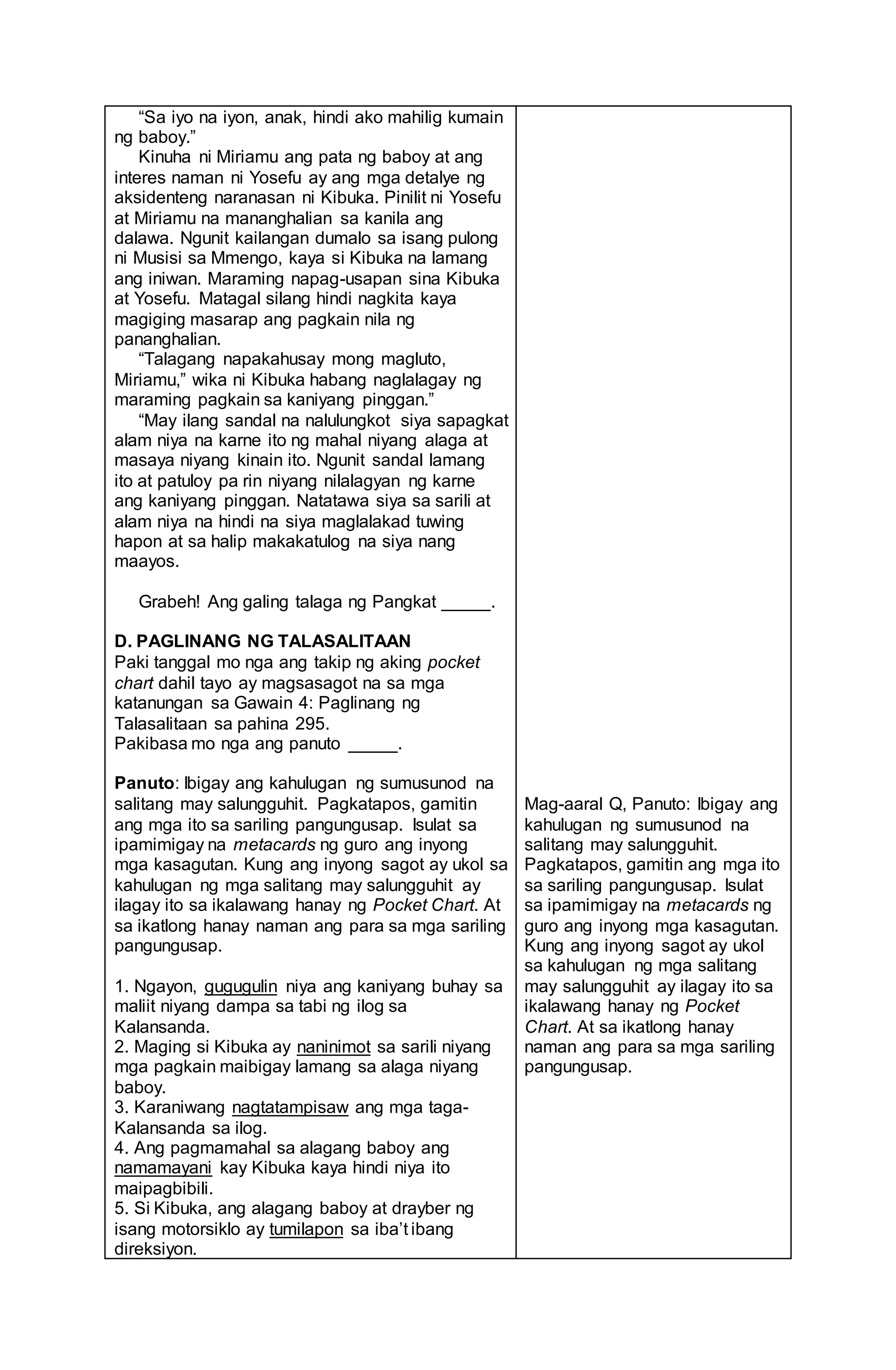 “Sa iyo na iyon, anak, hindi ako mahilig kumain
ng baboy.”
Kinuha ni Miriamu ang pata ng baboy at ang
interes naman ni Yosefu ay ang mga detalye ng
aksidenteng naranasan ni Kibuka. Pinilit ni Yosefu
at Miriamu na mananghalian sa kanila ang
dalawa. Ngunit kailangan dumalo sa isang pulong
ni Musisi sa Mmengo, kaya si Kibuka na lamang
ang iniwan. Maraming napag-usapan sina Kibuka
at Yosefu. Matagal silang hindi nagkita kaya
magiging masarap ang pagkain nila ng
pananghalian.
“Talagang napakahusay mong magluto,
Miriamu,” wika ni Kibuka habang naglalagay ng
maraming pagkain sa kaniyang pinggan.”
“May ilang sandal na nalulungkot siya sapagkat
alam niya na karne ito ng mahal niyang alaga at
masaya niyang kinain ito. Ngunit sandal lamang
ito at patuloy pa rin niyang nilalagyan ng karne
ang kaniyang pinggan. Natatawa siya sa sarili at
alam niya na hindi na siya maglalakad tuwing
hapon at sa halip makakatulog na siya nang
maayos.
Grabeh! Ang galing talaga ng Pangkat _____.
D. PAGLINANG NG TALASALITAAN
Paki tanggal mo nga ang takip ng aking pocket
chart dahil tayo ay magsasagot na sa mga
katanungan sa Gawain 4: Paglinang ng
Talasalitaan sa pahina 295.
Pakibasa mo nga ang panuto _____.
Panuto: Ibigay ang kahulugan ng sumusunod na
salitang may salungguhit. Pagkatapos, gamitin
ang mga ito sa sariling pangungusap. Isulat sa
ipamimigay na metacards ng guro ang inyong
mga kasagutan. Kung ang inyong sagot ay ukol sa
kahulugan ng mga salitang may salungguhit ay
ilagay ito sa ikalawang hanay ng Pocket Chart. At
sa ikatlong hanay naman ang para sa mga sariling
pangungusap.
1. Ngayon, gugugulin niya ang kaniyang buhay sa
maliit niyang dampa sa tabi ng ilog sa
Kalansanda.
2. Maging si Kibuka ay naninimot sa sarili niyang
mga pagkain maibigay lamang sa alaga niyang
baboy.
3. Karaniwang nagtatampisaw ang mga taga-
Kalansanda sa ilog.
4. Ang pagmamahal sa alagang baboy ang
namamayani kay Kibuka kaya hindi niya ito
maipagbibili.
5. Si Kibuka, ang alagang baboy at drayber ng
isang motorsiklo ay tumilapon sa iba’t ibang
direksiyon.
Mag-aaral Q, Panuto: Ibigay ang
kahulugan ng sumusunod na
salitang may salungguhit.
Pagkatapos, gamitin ang mga ito
sa sariling pangungusap. Isulat
sa ipamimigay na metacards ng
guro ang inyong mga kasagutan.
Kung ang inyong sagot ay ukol
sa kahulugan ng mga salitang
may salungguhit ay ilagay ito sa
ikalawang hanay ng Pocket
Chart. At sa ikatlong hanay
naman ang para sa mga sariling
pangungusap.
 