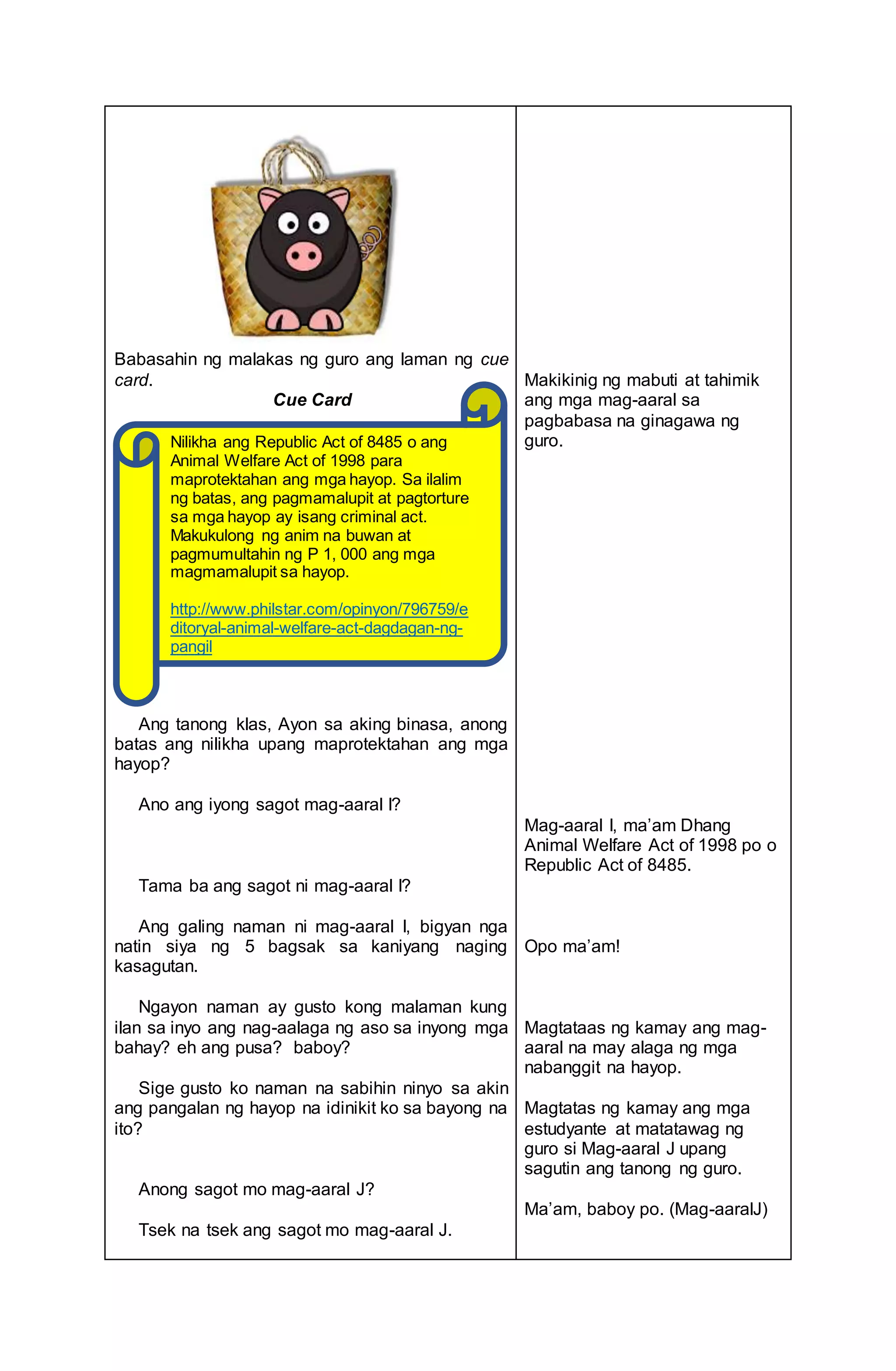 Babasahin ng malakas ng guro ang laman ng cue
card.
Cue Card
Ang tanong klas, Ayon sa aking binasa, anong
batas ang nilikha upang maprotektahan ang mga
hayop?
Ano ang iyong sagot mag-aaral I?
Tama ba ang sagot ni mag-aaral I?
Ang galing naman ni mag-aaral I, bigyan nga
natin siya ng 5 bagsak sa kaniyang naging
kasagutan.
Ngayon naman ay gusto kong malaman kung
ilan sa inyo ang nag-aalaga ng aso sa inyong mga
bahay? eh ang pusa? baboy?
Sige gusto ko naman na sabihin ninyo sa akin
ang pangalan ng hayop na idinikit ko sa bayong na
ito?
Anong sagot mo mag-aaral J?
Tsek na tsek ang sagot mo mag-aaral J.
Makikinig ng mabuti at tahimik
ang mga mag-aaral sa
pagbabasa na ginagawa ng
guro.
Mag-aaral I, ma’am Dhang
Animal Welfare Act of 1998 po o
Republic Act of 8485.
Opo ma’am!
Magtataas ng kamay ang mag-
aaral na may alaga ng mga
nabanggit na hayop.
Magtatas ng kamay ang mga
estudyante at matatawag ng
guro si Mag-aaral J upang
sagutin ang tanong ng guro.
Ma’am, baboy po. (Mag-aaralJ)
Nilikha ang Republic Act of 8485 o ang
Animal Welfare Act of 1998 para
maprotektahan ang mga hayop. Sa ilalim
ng batas, ang pagmamalupit at pagtorture
sa mga hayop ay isang criminal act.
Makukulong ng anim na buwan at
pagmumultahin ng P 1, 000 ang mga
magmamalupit sa hayop.
http://www.philstar.com/opinyon/796759/e
ditoryal-animal-welfare-act-dagdagan-ng-
pangil
 