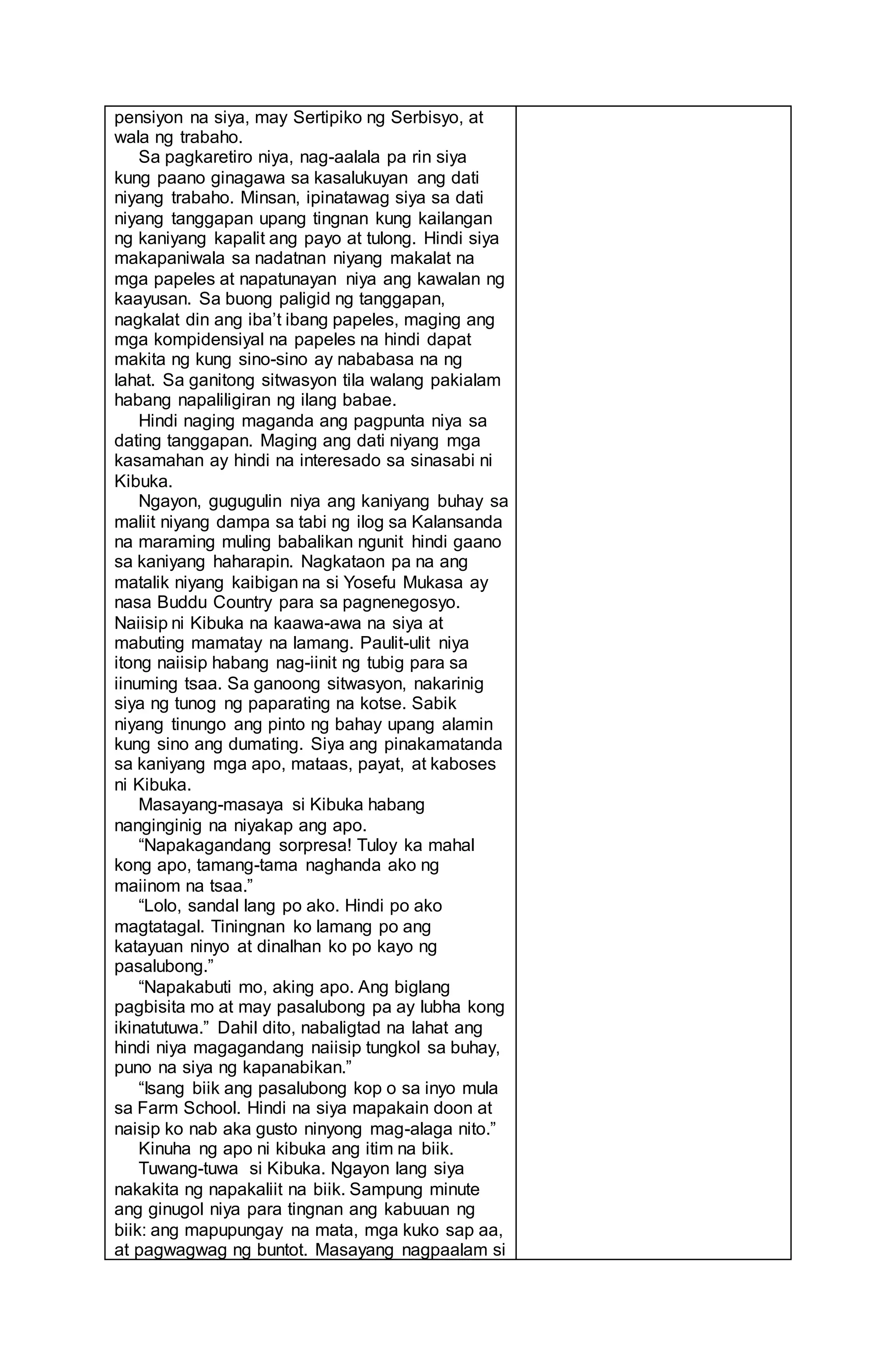 pensiyon na siya, may Sertipiko ng Serbisyo, at
wala ng trabaho.
Sa pagkaretiro niya, nag-aalala pa rin siya
kung paano ginagawa sa kasalukuyan ang dati
niyang trabaho. Minsan, ipinatawag siya sa dati
niyang tanggapan upang tingnan kung kailangan
ng kaniyang kapalit ang payo at tulong. Hindi siya
makapaniwala sa nadatnan niyang makalat na
mga papeles at napatunayan niya ang kawalan ng
kaayusan. Sa buong paligid ng tanggapan,
nagkalat din ang iba’t ibang papeles, maging ang
mga kompidensiyal na papeles na hindi dapat
makita ng kung sino-sino ay nababasa na ng
lahat. Sa ganitong sitwasyon tila walang pakialam
habang napaliligiran ng ilang babae.
Hindi naging maganda ang pagpunta niya sa
dating tanggapan. Maging ang dati niyang mga
kasamahan ay hindi na interesado sa sinasabi ni
Kibuka.
Ngayon, gugugulin niya ang kaniyang buhay sa
maliit niyang dampa sa tabi ng ilog sa Kalansanda
na maraming muling babalikan ngunit hindi gaano
sa kaniyang haharapin. Nagkataon pa na ang
matalik niyang kaibigan na si Yosefu Mukasa ay
nasa Buddu Country para sa pagnenegosyo.
Naiisip ni Kibuka na kaawa-awa na siya at
mabuting mamatay na lamang. Paulit-ulit niya
itong naiisip habang nag-iinit ng tubig para sa
iinuming tsaa. Sa ganoong sitwasyon, nakarinig
siya ng tunog ng paparating na kotse. Sabik
niyang tinungo ang pinto ng bahay upang alamin
kung sino ang dumating. Siya ang pinakamatanda
sa kaniyang mga apo, mataas, payat, at kaboses
ni Kibuka.
Masayang-masaya si Kibuka habang
nanginginig na niyakap ang apo.
“Napakagandang sorpresa! Tuloy ka mahal
kong apo, tamang-tama naghanda ako ng
maiinom na tsaa.”
“Lolo, sandal lang po ako. Hindi po ako
magtatagal. Tiningnan ko lamang po ang
katayuan ninyo at dinalhan ko po kayo ng
pasalubong.”
“Napakabuti mo, aking apo. Ang biglang
pagbisita mo at may pasalubong pa ay lubha kong
ikinatutuwa.” Dahil dito, nabaligtad na lahat ang
hindi niya magagandang naiisip tungkol sa buhay,
puno na siya ng kapanabikan.”
“Isang biik ang pasalubong kop o sa inyo mula
sa Farm School. Hindi na siya mapakain doon at
naisip ko nab aka gusto ninyong mag-alaga nito.”
Kinuha ng apo ni kibuka ang itim na biik.
Tuwang-tuwa si Kibuka. Ngayon lang siya
nakakita ng napakaliit na biik. Sampung minute
ang ginugol niya para tingnan ang kabuuan ng
biik: ang mapupungay na mata, mga kuko sap aa,
at pagwagwag ng buntot. Masayang nagpaalam si
 