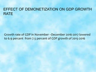 EFFECT OF DEMONETIZATION ON GDP GROWTH
RATE
Growth rate of GDP in November –December 2016-2017 lowered
to 6.9 percent from 7.5 percent of GDP growth of 2015-2016
 