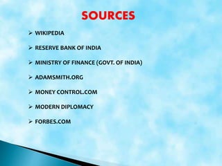 SOURCES
 WIKIPEDIA
 RESERVE BANK OF INDIA
 MINISTRY OF FINANCE (GOVT. OF INDIA)
 ADAMSMITH.ORG
 MONEY CONTROL.COM
 MODERN DIPLOMACY
 FORBES.COM
 