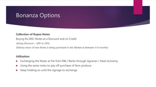 Bonanza Options
Collection of Rupee Notes
Buying Rs.500/-Notes at a Discount and on Credit
(Going Discount – 18% to 55%)
Delivery tenor of new Notes is being promised in this Market at between 4-6 months)
Utilization
 Exchanging the Notes at Par from RBI / Banks through Agrarian / Steel economy
 Using the same notes to pay off purchase of farm produce
 Keep holding on until the signage to exchange
 